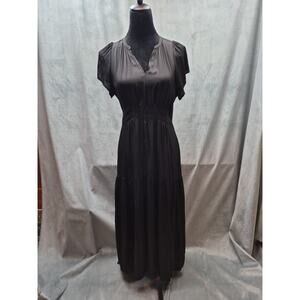 Anthropologie Grade & Gather Ruffled Tiered Satin Simpilicity Midi Dress Black L